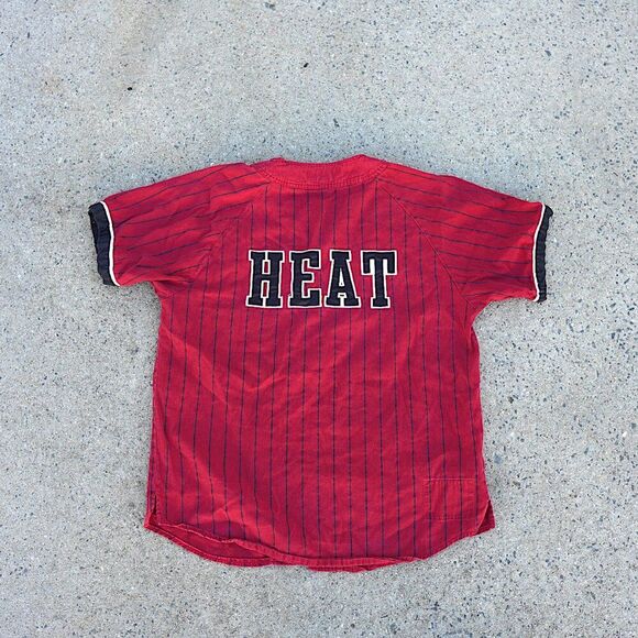 Mitchell & Ness Miami Heat Pinstripe Baseball Jersey Button-Up Shirt Red Medium - Picture 10 of 10